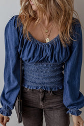 Smocked Long Sleeve Denim Top OutfitFlow